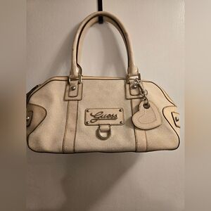 GUESS Faux Leather Shoulder Bag Heart Luggage Tag Beige Handbag